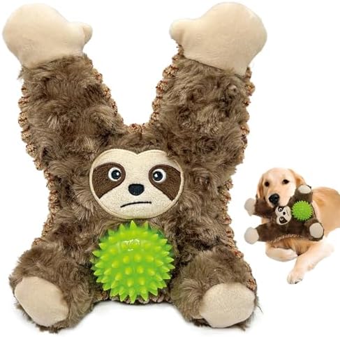8.66 Inch Grey Brown Sloth Spiky Squeaky Dog Toy, Durable Plush Chew Toy for Puppy Teething, Interactive Tough Toy for Small Medium Large Dogs