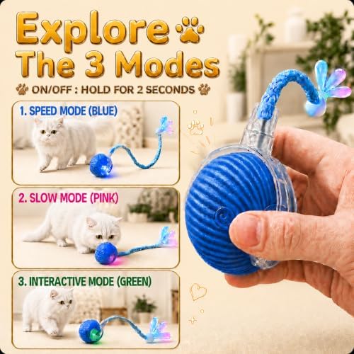 Pack-4 Interactive Cat Toys, Motion-Activated Rolling Ball with Speedy Tail,Smart Automatic Cat Chase, 360° Rotating, USB-C Rechargeable, Self-Play Toy for Indoor Cats, Kittens & Puppies.
