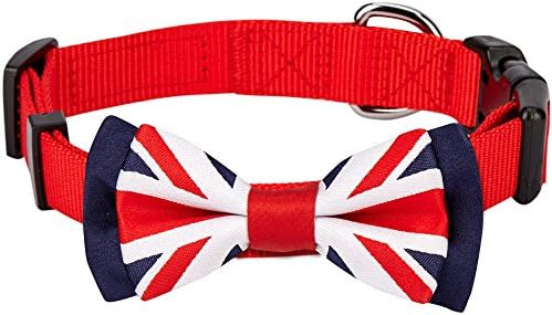 Blueberry Pet 2 Patterns Patriotic Spirits UK Flag Adjustable Bowtie Red Dog Collar - Handmade Bow Tie w/Jacquard Weave Fabric, Small, Neck 12"-16"