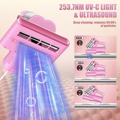 Teant Mattress Bed Vacuum Cleaner, 16 kPa Suction & 253.7nm UV-C, MV-Pink