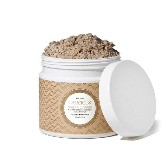 LALICIOUS Sugar Coffee, Exfoliating & Moisturizing Body Scrub with Coconut Oil, Coffee Grounds & Honey for Radiant Skin | Gently Buffs & Smooths Sensitive Skin | No Parabens | Large 16oz