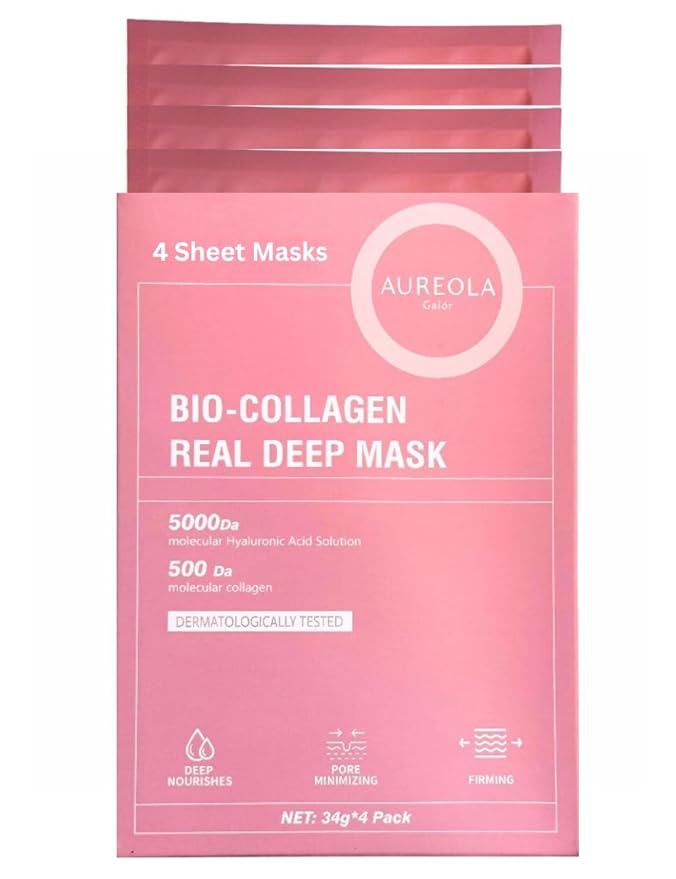 Bio-Collagen Sheet Mask (4 Pack), Hydrating & Firming Face Mask, Korean Skin Care Collagen Mask for Dry & Aging Skin, Winter Hydration for All Skin Types