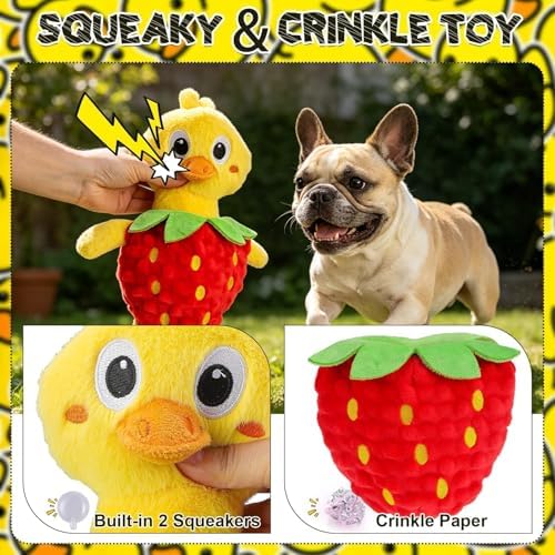 EXPAWLORER Interactive Squeaky Dog Chew Toy, 2-in-1 Detachable Strawberry & Duck Dog Toys, Stuffed Soft Plush Crinkle Fetch Toy with Squeakers in Head & Body for Puppy Small Medium Dogs, Yellow & Red