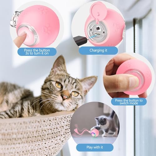 Pink Interactive Cat Toy,Automatic Moving Cat Toys for Bored Indoor Adult Cats,Fast Rolling,Chirping & Motion-Activated Kitty Toys,Fun Gift for Cats with Speedy 2.0 Tail,USB Rechargeable