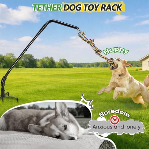HVDI Tether Dog Toy Rack with 3 Tug Rope Toys, Dog Rope Play Spring Rack and Interactive in Yard, Park, Lawn, Adjustable Height Suitable for Large, Medium, Small Dogs (55 Inches)