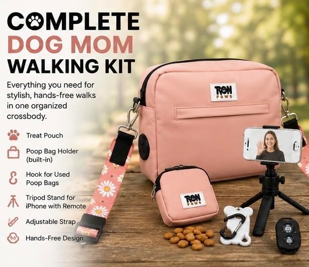 Hands-Free Dog Walking Crossbody for Training, Treat Pouch, Built-in Poop Bag Dispenser, Used Bag Hook & Bonus Tripod (Pink)
