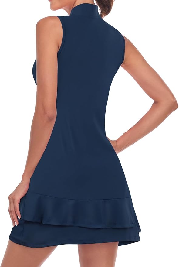 Viracy Tennis Dress for Women Sleeveless Golf Dresses with Shorts and Pockets Ruffle Zip Up Stand Collar Golf Outfits