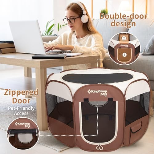 KingCamp Dog Playpen, Portable Foldable Cat Kitten Puppy Tent Crates 29"/36"/50" Pop Up Pet Playpen with Zippered Bottom & Cover for Indoor Outdoor Use (Medium, Khaki)