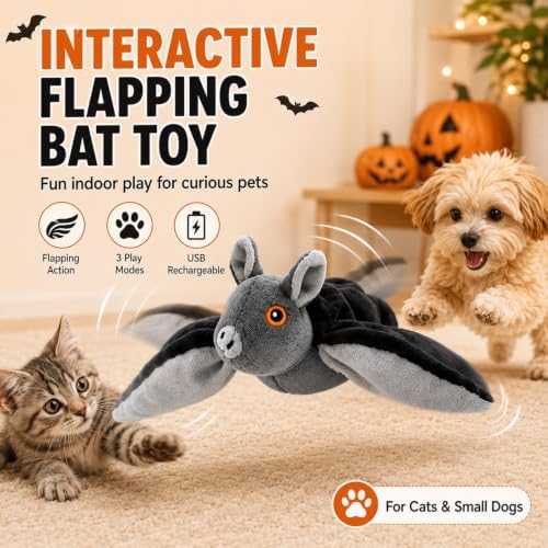 Bat Dog Toy, Interactive Flapping Wings and Chirping Sounds, Rechargeable Hanging and Ground Chase Toy for Small Dogs and Cats