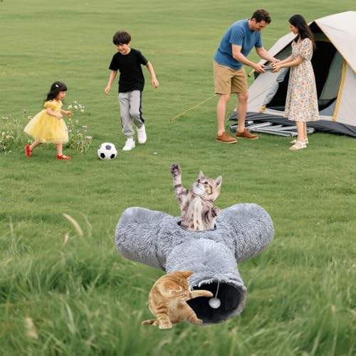 3-Way Collapsible Cat Tunnel Tube Toy Grey Plush