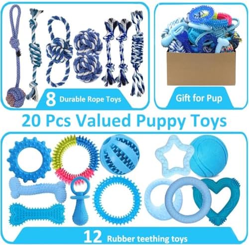 Beiker 20 Pack Puppy Chew Toys, Dog Teething Toys for Puppies Small Dogs | Blue Puppy Teething Rings and Ropes, Rubber Toy Bundle for Puppy Busy, Cute Interactive Pet Balls Bulk for Small Breed