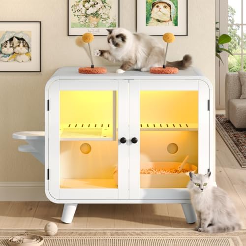 Smart Cat Litter Box Enclosure with RGB LED Light, TV-Stvle Cat Cabinet with Transparent Doors,Side Steps, Pom-Pom Toys,Indoor Pet House for Living Room,Bedroom(30.7"*23.6"*28",White)