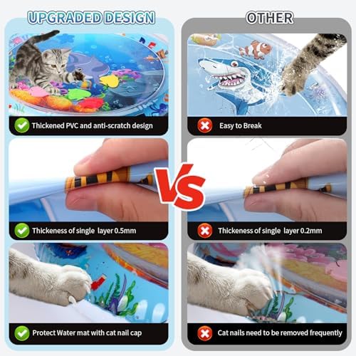 Cat Water Mat,Upgrade 0.5mm Thickened Water Mat for Cats,Anti-Scratch Sensory Mat,Unbreakable Interactive Cat Comfort Play mat with Wand in Random Color