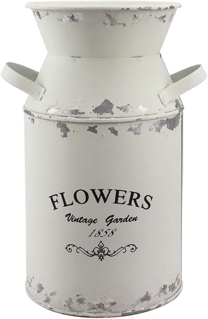 Galvanized White Milk Can Antique Retro Vase Metal Planter Rustic Vintage Primitive Flower Holder Farmhouse Country Plant for Home Office Decor, 7.5”