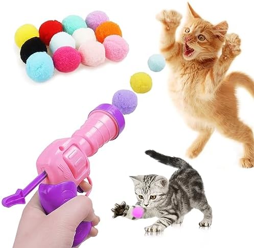 Mewlmart Interactive Cat Toys for Indoor Cats Pink Cat Pom Pom Balls Plush Ball Launcher Cat Fetch Toy Enrichment Toys 30 Balls