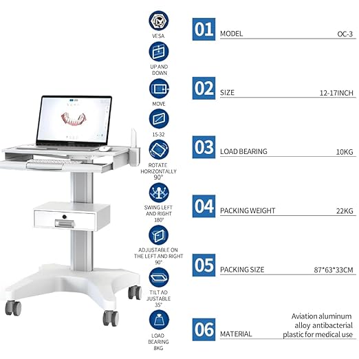 Hospital Medical Trolley Mobile Laptop Pallet Cart with Oral Scanner Holder Height Adjustable Workstation for Dental Clinic Hospital Beauty