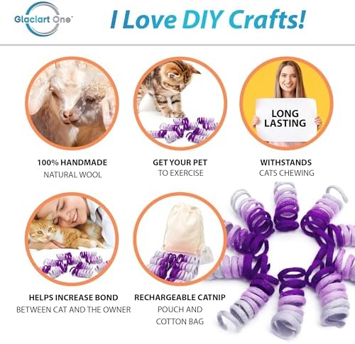 Glaciart One Felt Mini Spring Cat Toy – 10 Pcs Soft Fuzzy Enrichment 100% Natural Wool - Interactive Stretchable Play Cat Toy Set - Safe for Pets, Non-AZO Colored Dyes - 11” Long