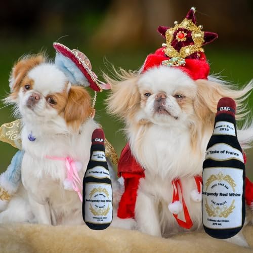 Bonne et Filou Wine Bottle Plush Squeaky Dog Toy (Bark'gundy Red Whine) Interactive Puppy Chew Toys for Aggressive Chewers Dog Toys for Small and Medium Dogs (1 Large Size)