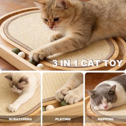 Sisal Cat Scratcher Toy, Natu sisal cat Scratching pad, Ball Track Wooden Interactive Cat Toy Ball, Catnip Ball, for Cats Chasing, Hunting, Mental Physical Exercise Puzzle