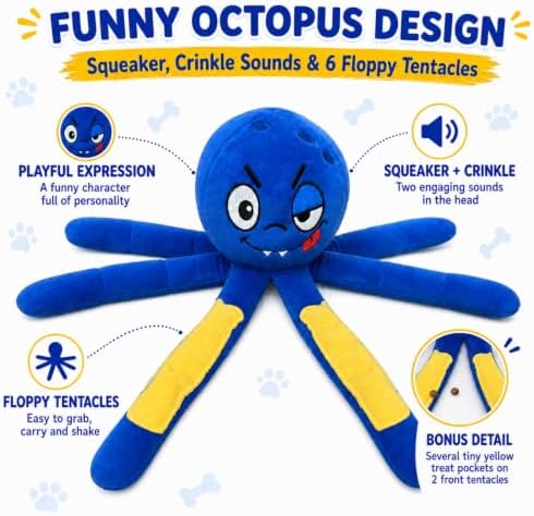 Octopus Dog Toy, Squeaky Plush Toy for Small and Medium Dogs | Funny Octopus Dog Toy with 6 Floppy Tentacles, Squeaker, Crinkle Sounds and Tiny Treat Pockets for Small and Medium Dogs