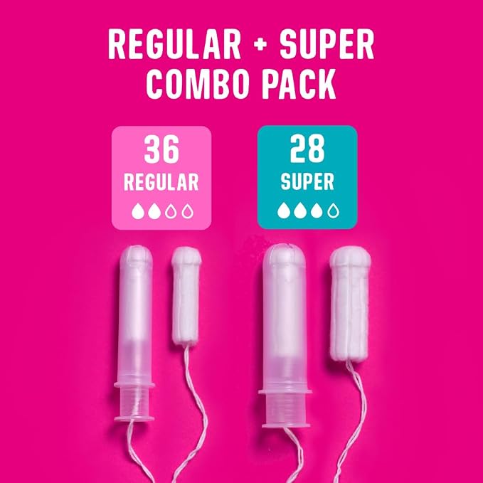 Flo - Organic Cotton Tampons for Women - 64 Pack (36 Regular, 28 Super) - Leak Proof - No Synthetic Fibers, Chlorine Bleach, Added Dyes - Bio-Plastic Applicator - Feminine Care - Vegan & Cruelty Free