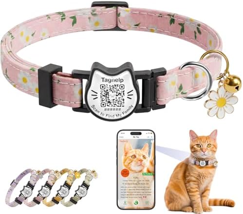 Cute Floral Breakaway Cat Collar with QR Code ID Tag, Soft Cotton Adjustable Kitten Collar with Bell, Personalized Scan ID for Cats, Daisy Pattern,Flower Pendant (Pink)