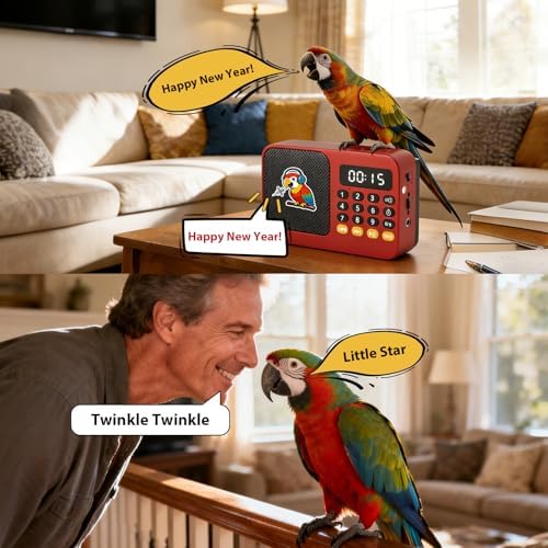 Parrot Talking, Whistling & Singing Training Player – 134 Professional Audio Tracks with Loop Playback &Self-Custom Audio, Includes Training Guide for Beginners & Busy Individuals (Red)