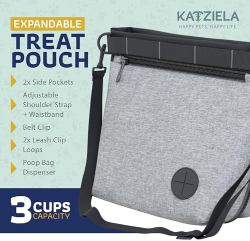 Katziela Expandable Pet Treat Pouch - Hands Free Dog Treat Pouch, Quick Access Magnet Closure - Anti Spill Dog Treat Bag - Treat Pouches for Pet Training, Adjustable Shoulder Strap & Belt Clip (Grey)