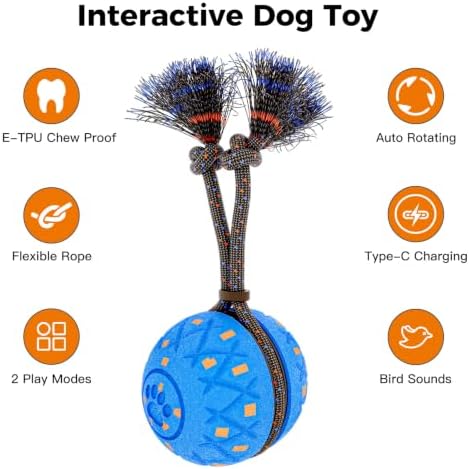 Interactive Dog Toys Ball for Boredom, 2 Modes Automatic Moving Bouncing Dog Toys for Aggressive Chewers, Durable Smart Rolling Puppy Enrichment Toys with Rope for Medium Large Dogs