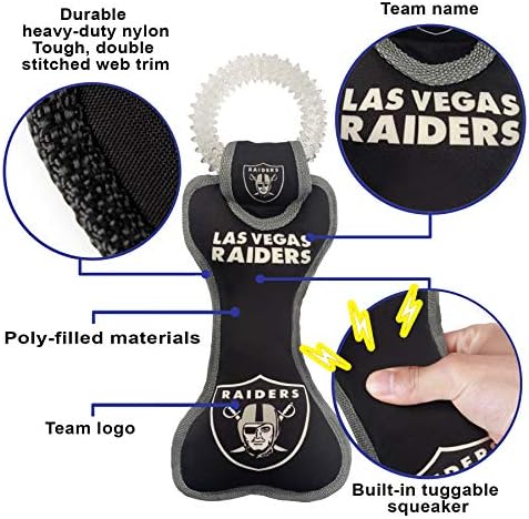 Pets First NFL Las Vegas Raiders Football Dental Tough Dog TUG Bone Toy with Built-in Squeaker Attached to a Safe Rubber Teething Toothbrush PET Toy, Team Color, (OAK-3310), 14 x 5