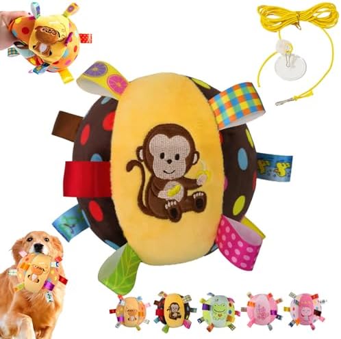 Colorful Squeaky Hanging Dog Training Toy, 6-Inch Squeaky Hanging Dog Toy, Soft Stuffed Ball with Cotton Material, Built-in Bell, Interactive Tug Chew Toy for Small Medium Dogs Indoor Play Fun (#B)