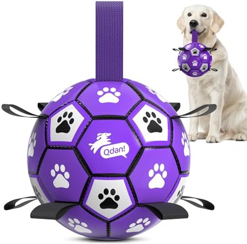 QDAN Soccer Ball for Dogs with Straps, Large Dog Balls, 8 Inch Puppy Toys | Outdoor Herding Balls for 30-90 lbs Dogs, Interactive Soccer Toy for Interactive, Dog Ball Toy to Keep Them Busy, Purple