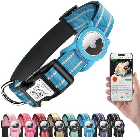 Reflective Dog Collar with AirTag Holder, Waterproof Dog Collar with QR Code, Heavy Duty Adjustable Pet Collar for Small Medium Large Dogs, Blue