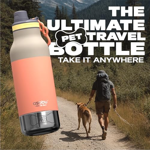 asobu Buddy Bottle a Stainless Steel Insulated Water Bottle for with Removable Dog Water Bowl and Dog Food and Treat Storage Bowl (Pastel Peach, 34 Oz)