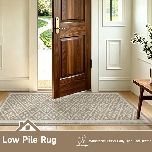 Ileading Hallway Runner Rug 2x6 ft,Washable Indoor Beige Carpet with Non Slip Rubber Backing,Low Pile Durable Kitchen Floor Mat for Laundry Entryway Door & High Traffic Areas