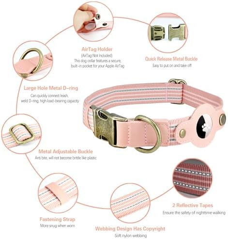 Airtag Dog Collar, Reflective Collar w Airtag Holder for Medium Dogs(Pink)