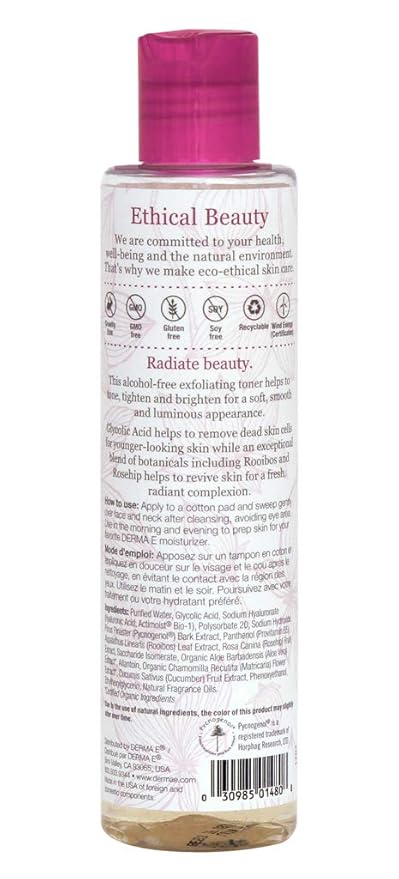 DERMA E Radiance Toner – Facial Toner with Glycolic Acid and Rooibos – Brightening and Exfoliating Toning Solution Refreshes and Purifies Skin, 6 oz (Pack of 2)