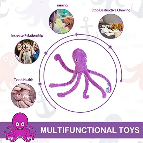 EXPAWLORER Large Squeaky Dog Toys - Stuffed Plush Long Dog Chew Toy, 2-in-1 Interactive Dog Toys with Built-in Squeak Ball and Crinkle Paper, Training Reward Birthday Gift Soft Octopus, Purple