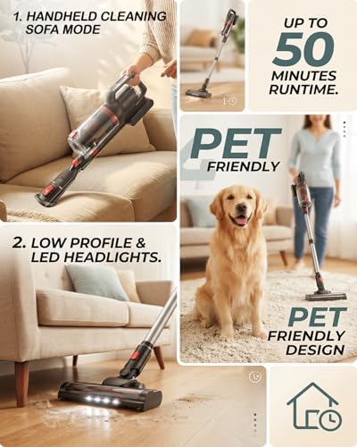 Pet Cordless Stick Vacuum Cleaner, Upright Vacuum Cleaning | XL Dust Cup | LED Headlights| Tangle-Free| Hepa Filiter| Portable,Lightweight| 50-Min Runtime| 80000RPM Motor
