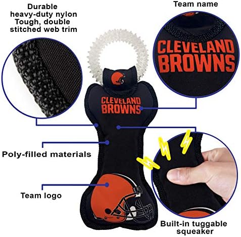 Pets First NFL Cleveland Browns Football Dental Tough Dog TUG Bone Toy with Built-in Squeaker Attached to a Safe Rubber Teething Toothbrush PET Toy, Team Color, 14 x 5 (CLE-3310)
