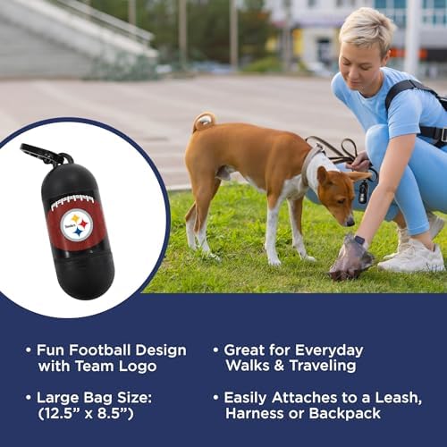 Pets First NFL PITTSBURGH STEELERS PET LICENSED Poop Waste Bag Dispenser and D Ring for Leash with 15 Premium Garbage Bags
