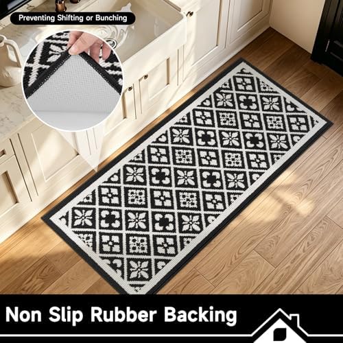 Ileading Hallway Runner Rug 2x8 ft,Washable Indoor Black Carpet with Non Slip Rubber Backing,Low Pile Durable Kitchen Floor Mat for Laundry Entryway Door & High Traffic Areas