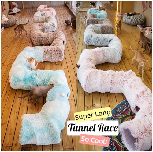 XxingSheep 4 Cave Shuttled XL Cat Tunnel Bed for Indoor Cats Peekaboo Toy Donut with Warm Mat, Azure Blue