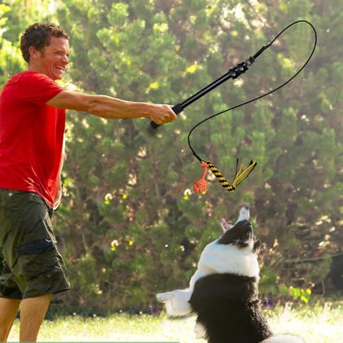 Upgraded Interactive Dog Toys - Extendable Flirt Pole Teaser Wand with Braided Rope Chewing Tugs and Squeaky Plush Chase Toy for Dog Puppy Outdoor Entertainment, Train and Exercise