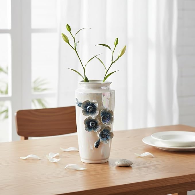 White Ceramic Vase 9 Inch - Modern Decorative Vase for Flowers, Centerpiece for Dining Table Living Room Entryway