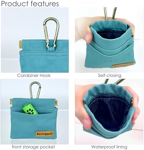 Raisingwell Dog Treat Pouch, Green Pocket Sized Pet Training Pouch, Cotton Fabric, Hand Free Dog Walking Bag with Carabiner, Self-Closing Pet Feed Snack Reward, for Puppy Travel or Outdoor Use