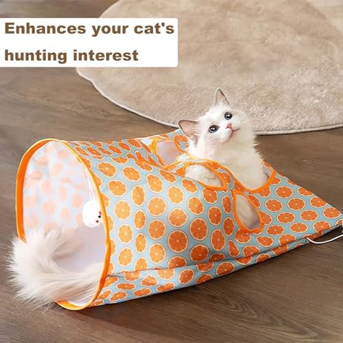 Cat Tunnel Bag for Indoor Cats, Foldable Pet Tunnel Crinkle Sack Bag with a Little Mouse & 3 Toy Ball, Portable Crinkle Paper Interactive Hide and Seek Cat Toys (Orange)