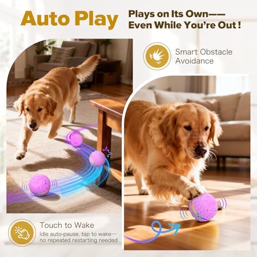 Interactive Dog Toys Ball, Self-Rolling & Bouncing Ball with RGB Colorful Lights to Keep Them Busy, 3-in-1 Interactive Mode, E-TPU Material, Type-C Charging, Moving Dog Toy for Dogs Puppies (Pink)