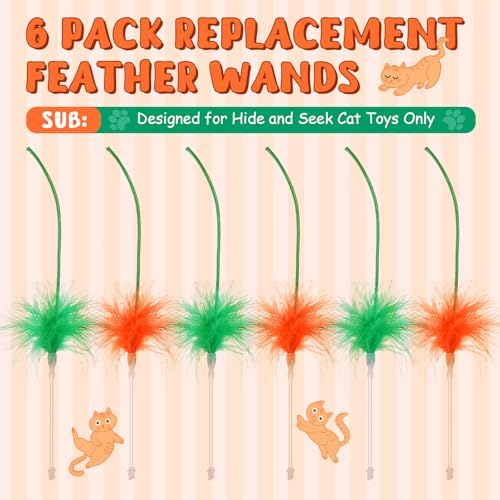 Abbylike 6 Pack Replacement Feather Wands Compatible with P43 Interactive Cat Toy, Automatic Teaser Wand Refills Attachments for Indoor Cats (Orange, Green)