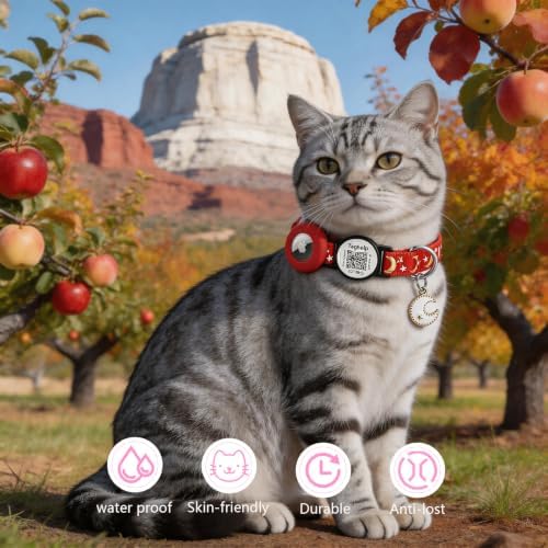 Stars and Moon AirTag Cat Collar with AirTag Holder,Air Tag Cat Collar for Apple. Solid & Safe, Pet Collar, Breakaway Cat Collar, Scan QR for Instant Location Alerts.NO APP(red)